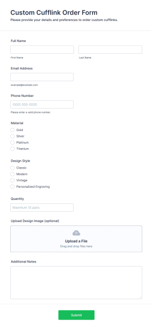 Custom Cufflink Order Form Template