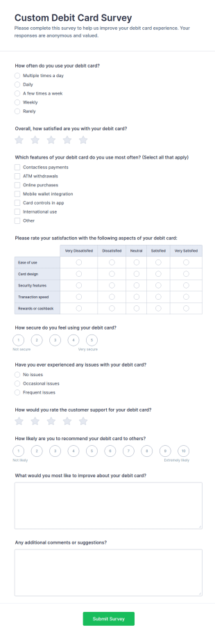 Custom Debit Card Survey Form Template