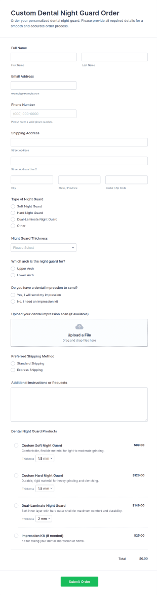 Custom Dental Night Guard Order Form Template