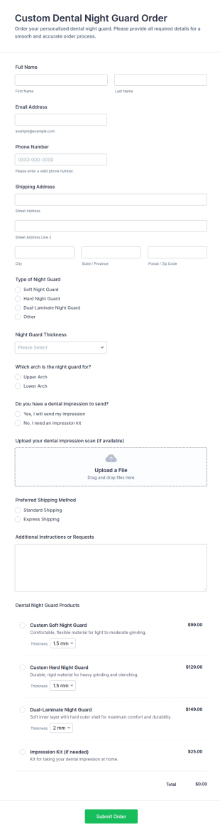 Custom Dental Night Guard Order Form Template