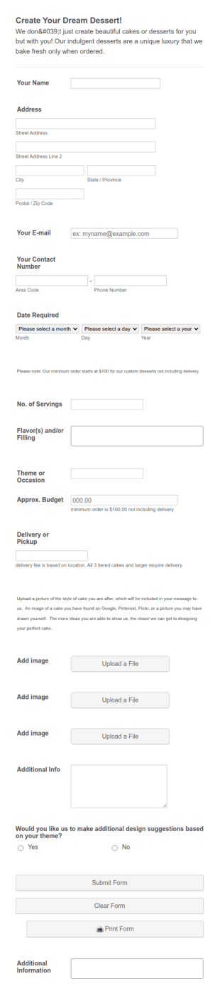 Custom Dessert Order Form Template