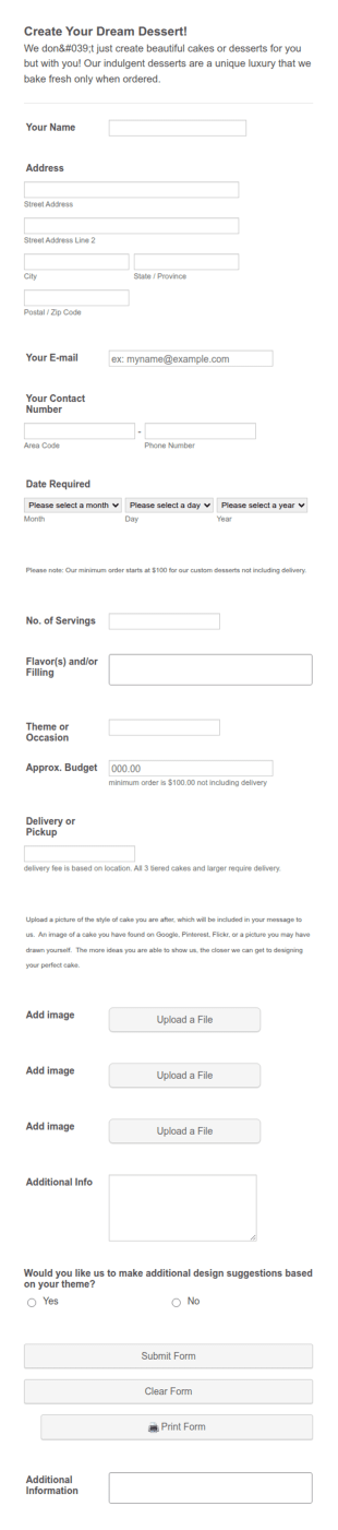 Custom Dessert Order Form Template