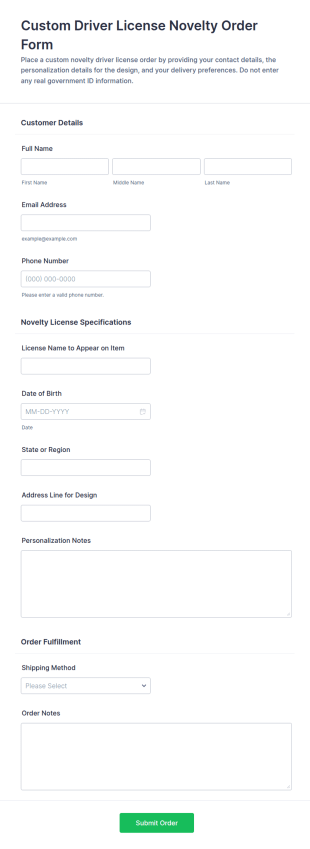 Custom Driver License Novelty Order Form Template