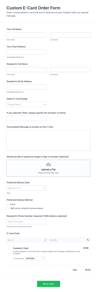 Custom E Card Order Form Template