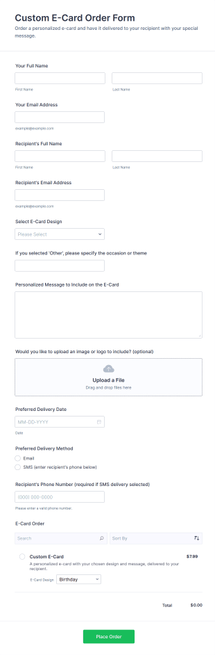 Custom E Card Order Form Template
