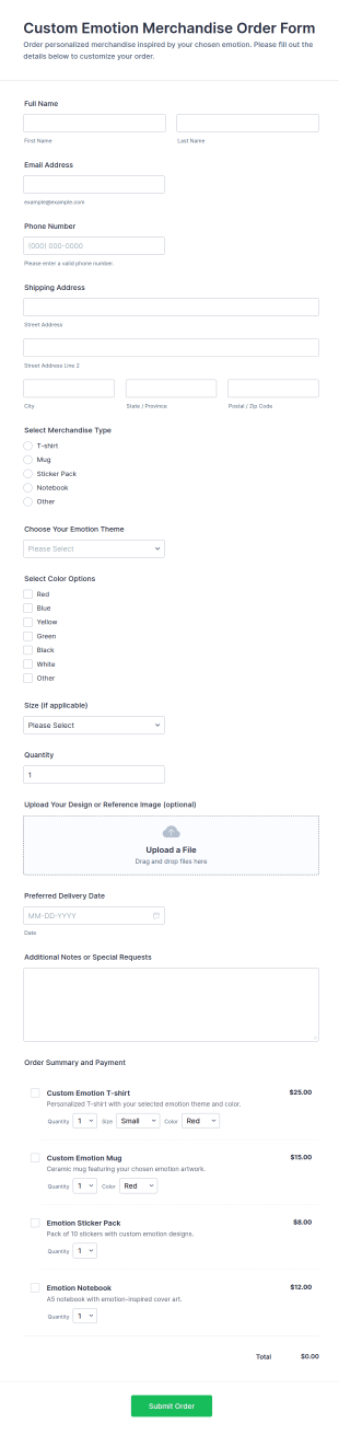 Custom Emotion Merchandise Order Form Template