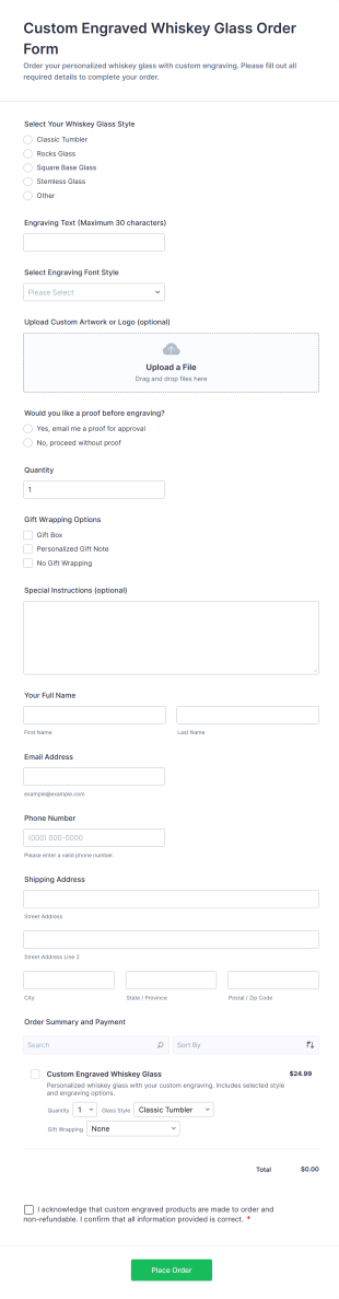 Custom Engraved Whiskey Glass Order Form Template