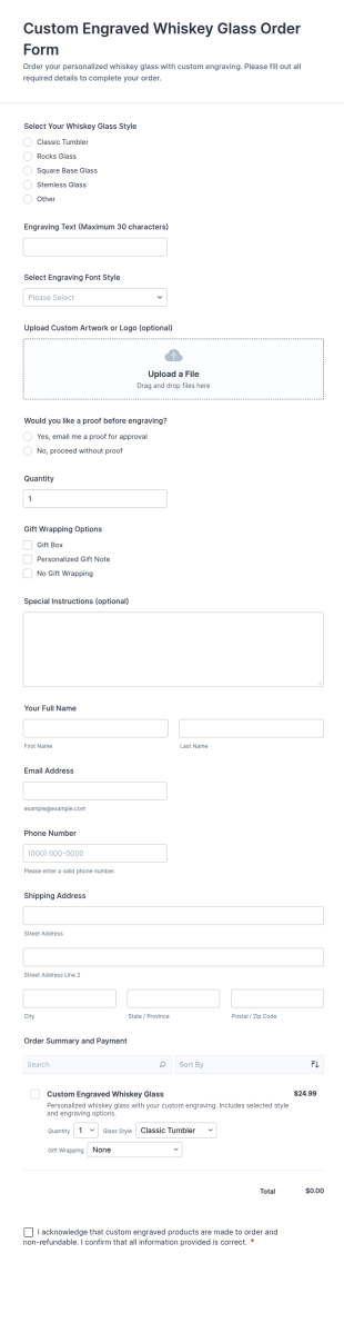Custom Engraved Whiskey Glass Order Form Template