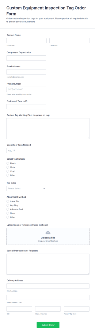 Custom Equipment Inspection Tag Order Form Template