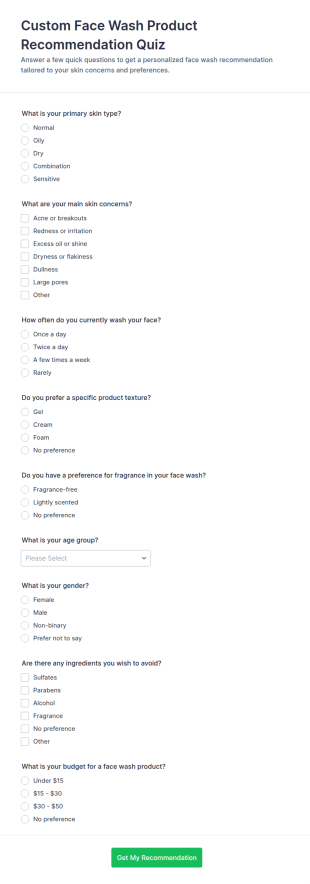 Custom Face Wash Product Recommendation Quiz Form Template