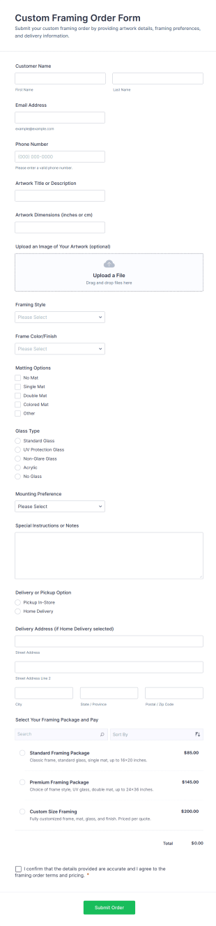 Custom Framing Order Form Template