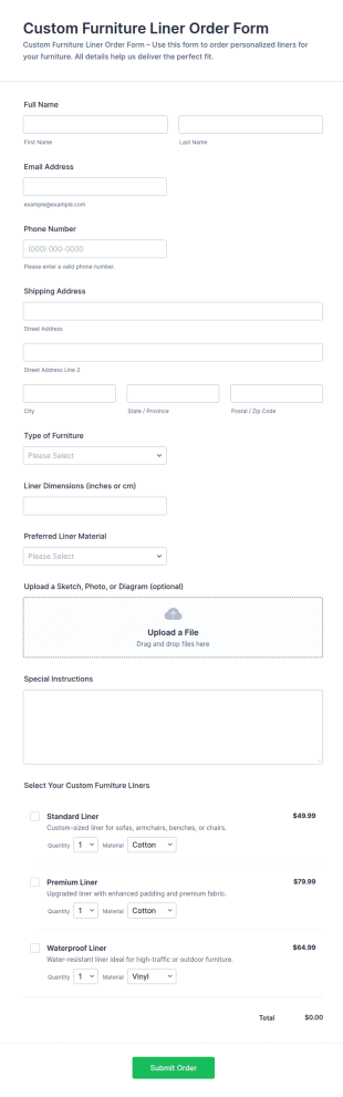 Custom Furniture Liner Order Form Template