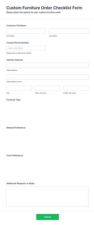 Custom Furniture Order Checklist Form Template