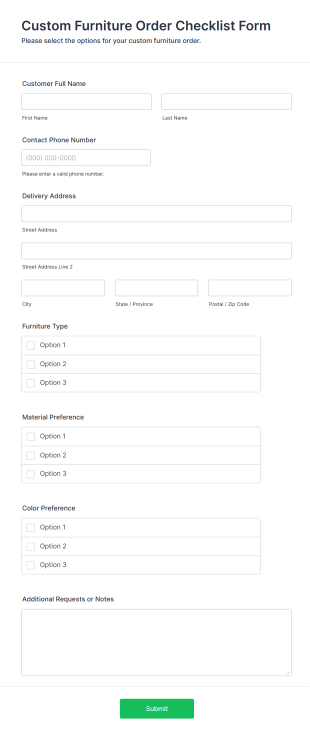 Custom Furniture Order Checklist Form Template