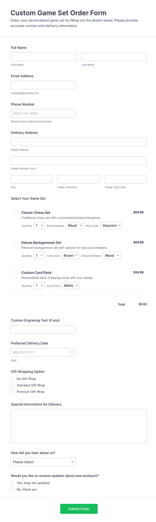 Custom Game Set Order Form Template
