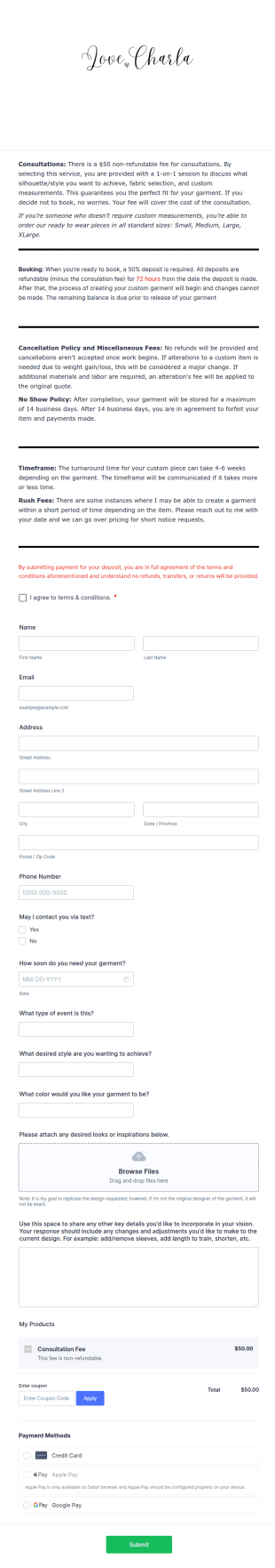 Custom Garment Request Form Template