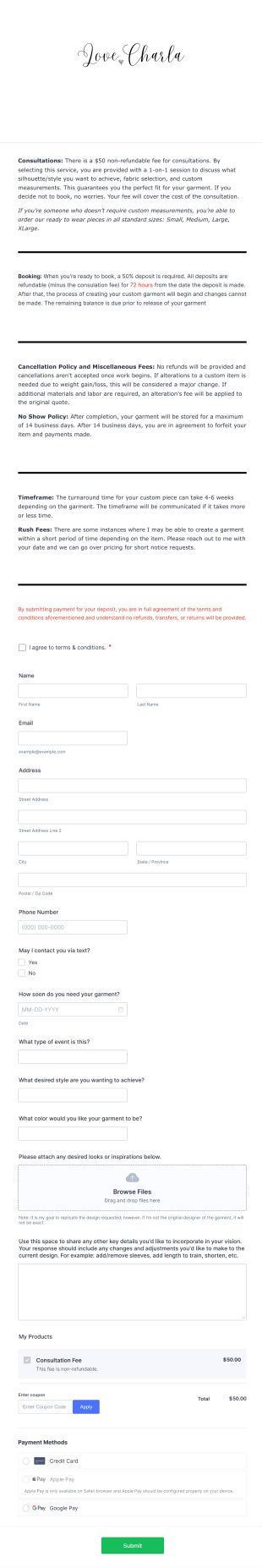Custom Garment Request Form Template
