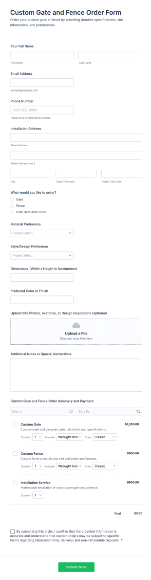 Custom Gate And Fence Order Form Template
