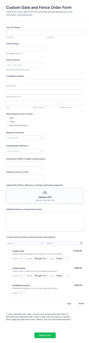 Custom Gate And Fence Order Form Template
