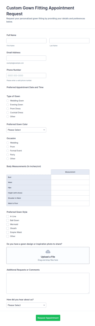 Custom Gown Fitting Appointment Request Form Template