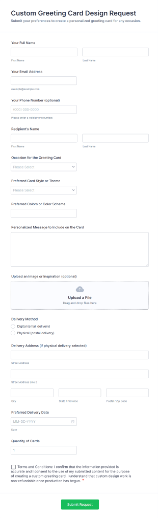 Custom Greeting Card Design Request Form Template