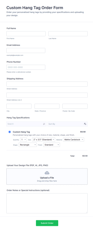 Custom Hang Tag Order Form Template