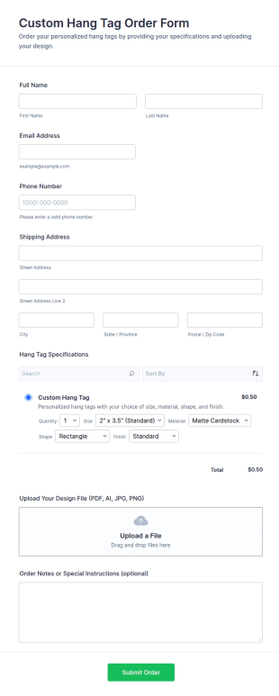 Custom Hang Tag Order Form Template
