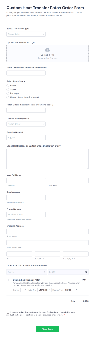 Custom Heat Transfer Patch Order Form Template