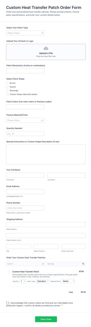 Custom Heat Transfer Patch Order Form Template