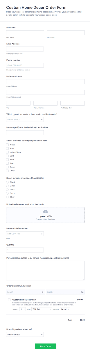 Custom Home Decor Order Form Template