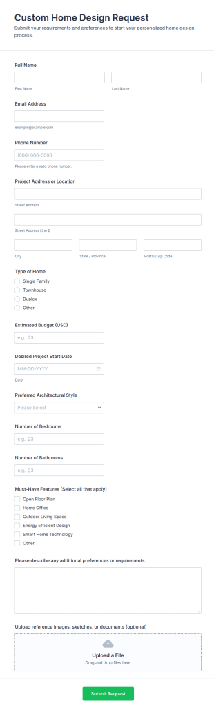 Custom Home Design Request Form Template
