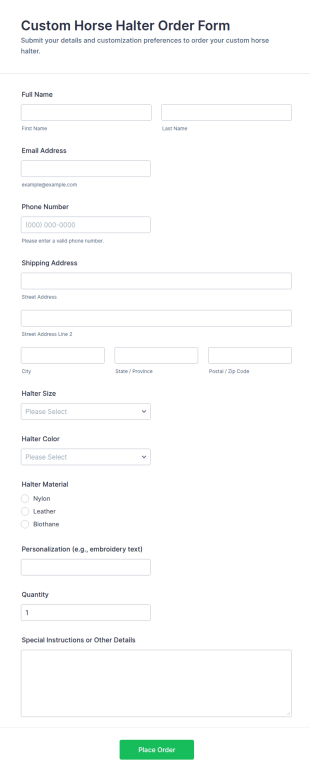 Custom Horse Halter Order Form Template