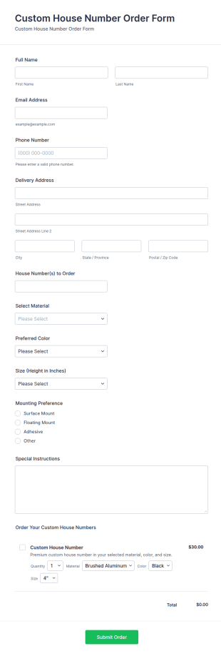 Custom House Number Order Form Template