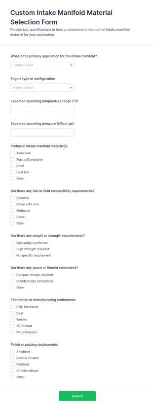 Custom Intake Manifold Material Selection Form Template