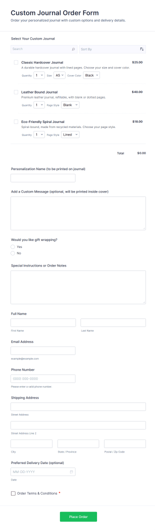 Custom Journal Order Form Template