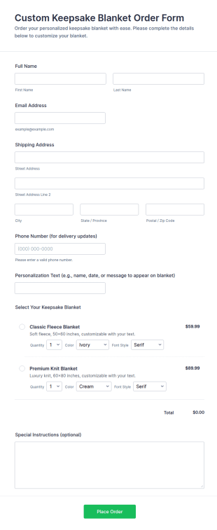 Custom Keepsake Blanket Order Form Template
