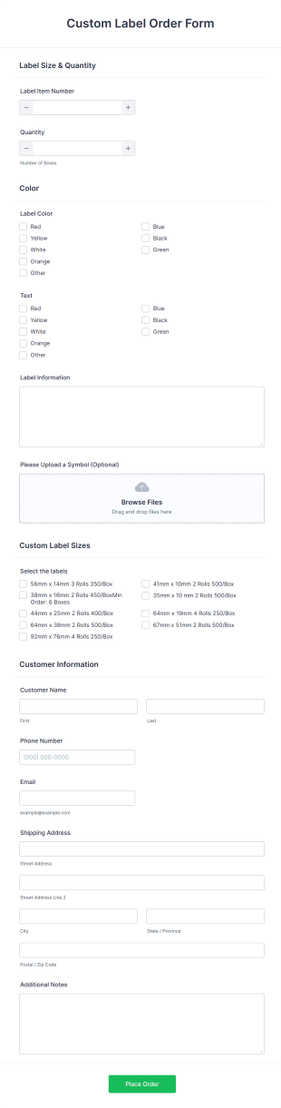 Custom Label Order Form Template