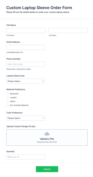 Custom Laptop Sleeve Order Form Template