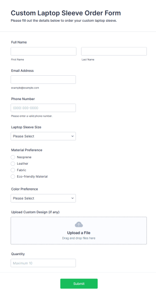 Custom Laptop Sleeve Order Form Template