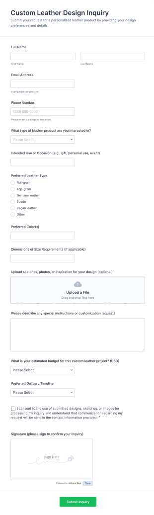 Custom Leather Design Inquiry Form Template