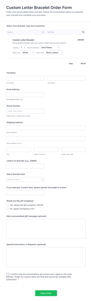 Custom Letter Bracelet Order Form Template