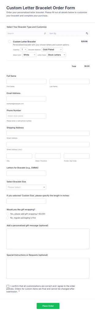 Custom Letter Bracelet Order Form Template