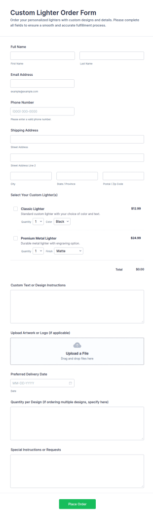 Custom Lighter Order Form Template