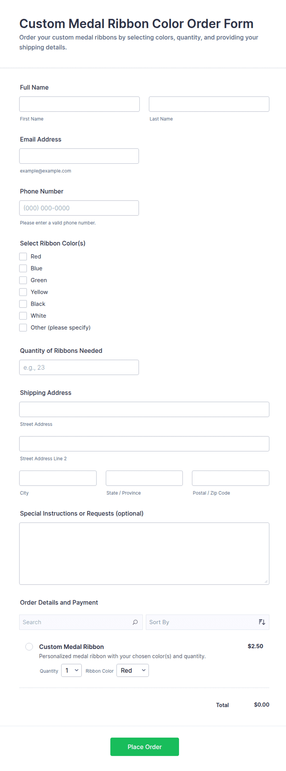 Custom Medal Ribbon Color Order Form Template | Jotform