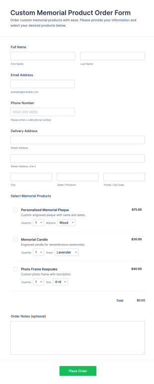 Custom Memorial Product Order Form Template