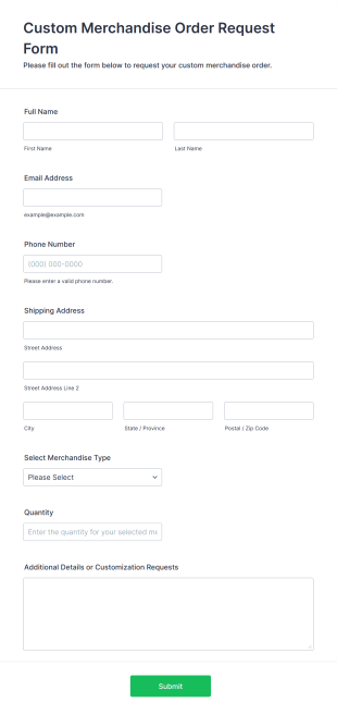 Custom Merchandise Order Request Form Form Template