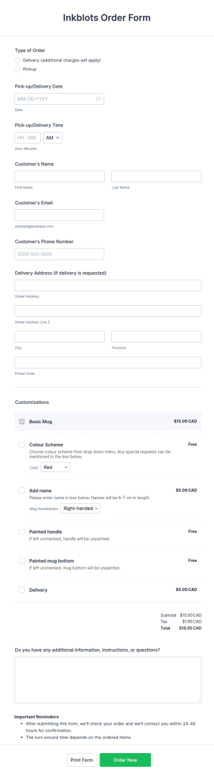Custom Mug Order Form Template