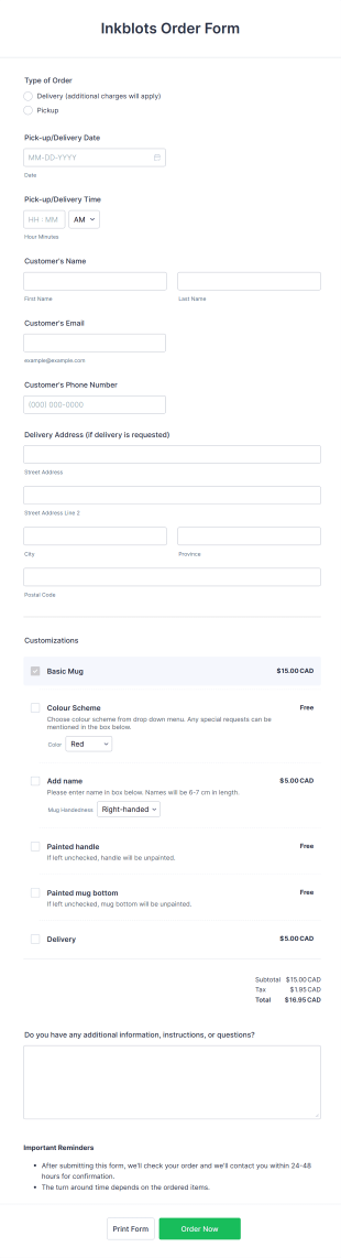Custom Mug Order Form Template