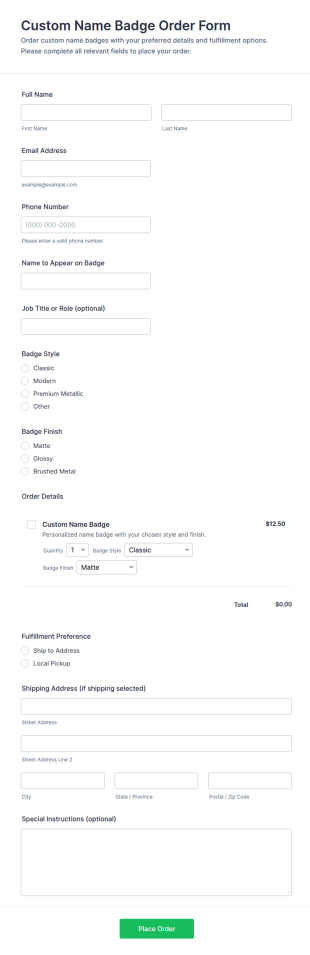Custom Name Badge Order Form Template
