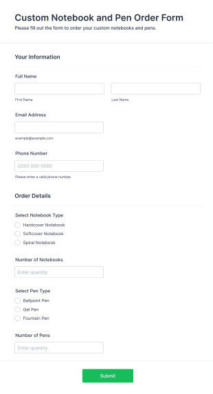 Custom Notebook And Pen Order Form Form Template